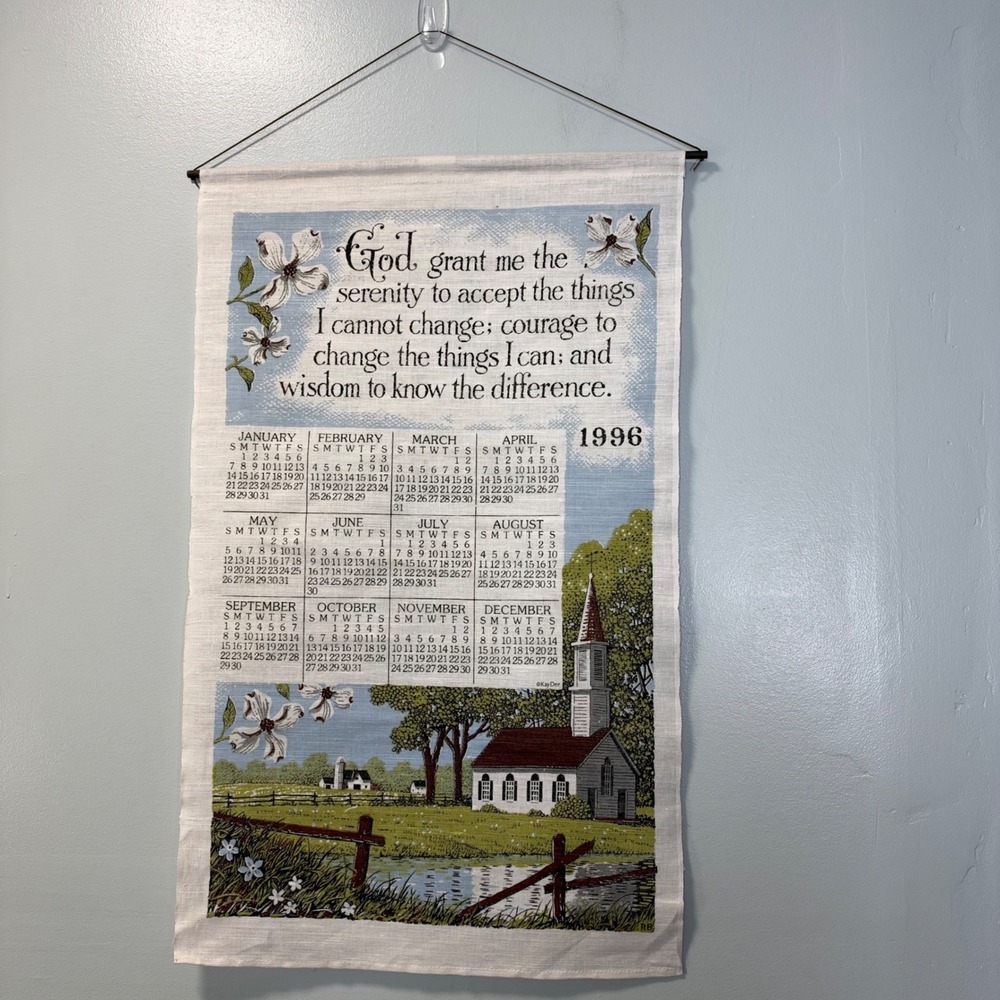 Vintage 1996 Kay Dee Serenity Prayer Linen Calendar Wall Hanging Towel Church